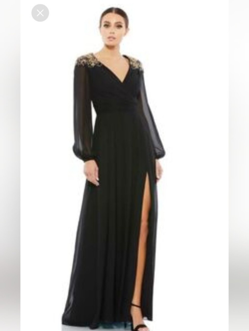 Mac Duggal Black Long Sleeve V-Neck Evening Gown with Gold Embellished Shoulders